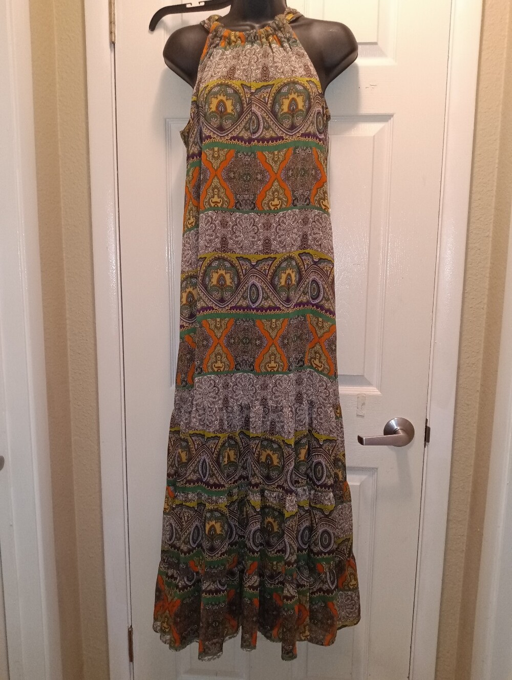 Coco Bianco Paisley Halter Maxi Dress in Orange, Green & Cream